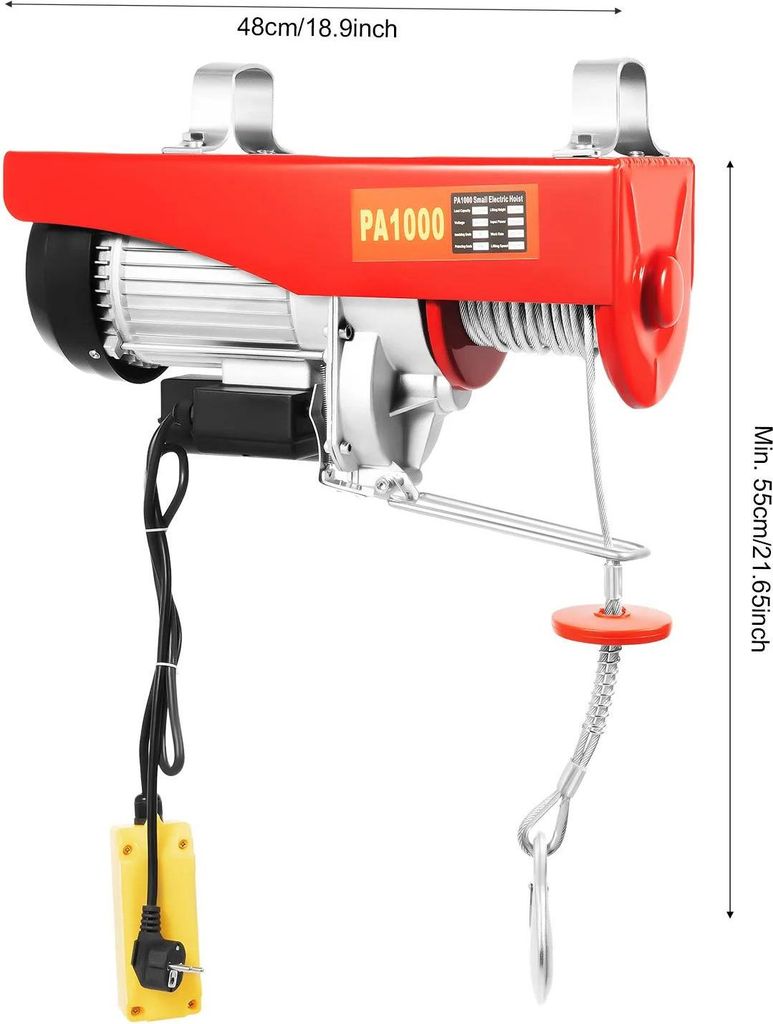 Elektrischer Seilzug - Tragkraft 1000 kg - Doppelstrang-Heben - Stahlseil - Für Werkstatt, Lager, Bau - Silber