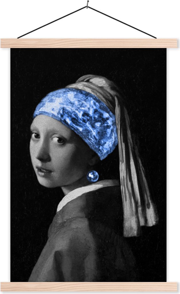 MuchoWow Textilposter Mädchen mit einem Perlenohrring - Johannes Vermeer - Blau 40x60 cm mit holzfarbenen Rahmen - Poster