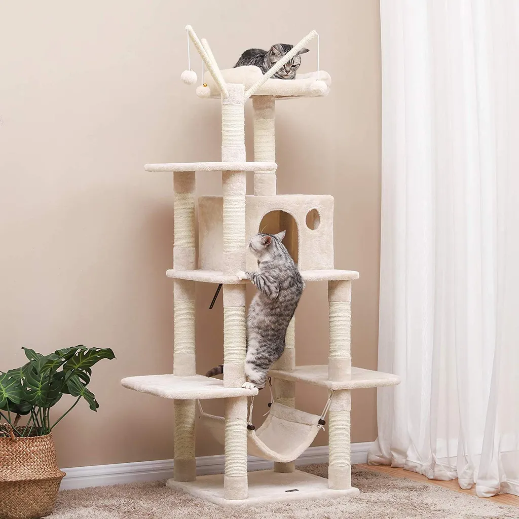 FEANDREA Arbre à chat XXL 154cm beige PCT86M avec grand hamac douillet