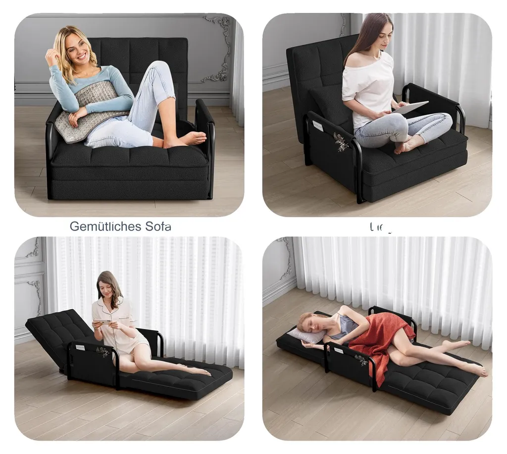 Canapé-lit dossier réglable noir avec système pliable une place assis