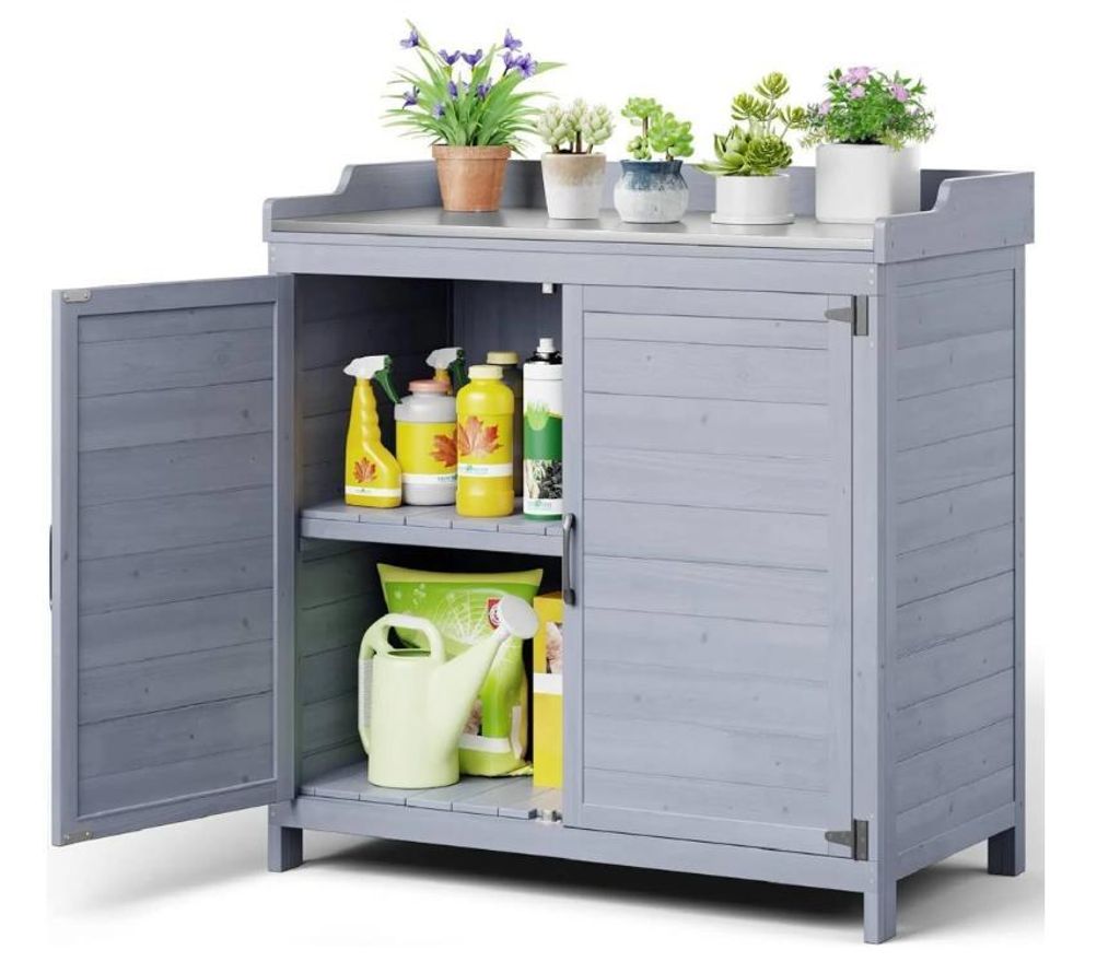 BEALIFE CC50 Pflanztisch 98x48x95 cm | mit Unterschrank & Magnet-Türen | Höhenverstellbarer Einlegeboden | Tannenholz wetterfest | Naturholz/Grau