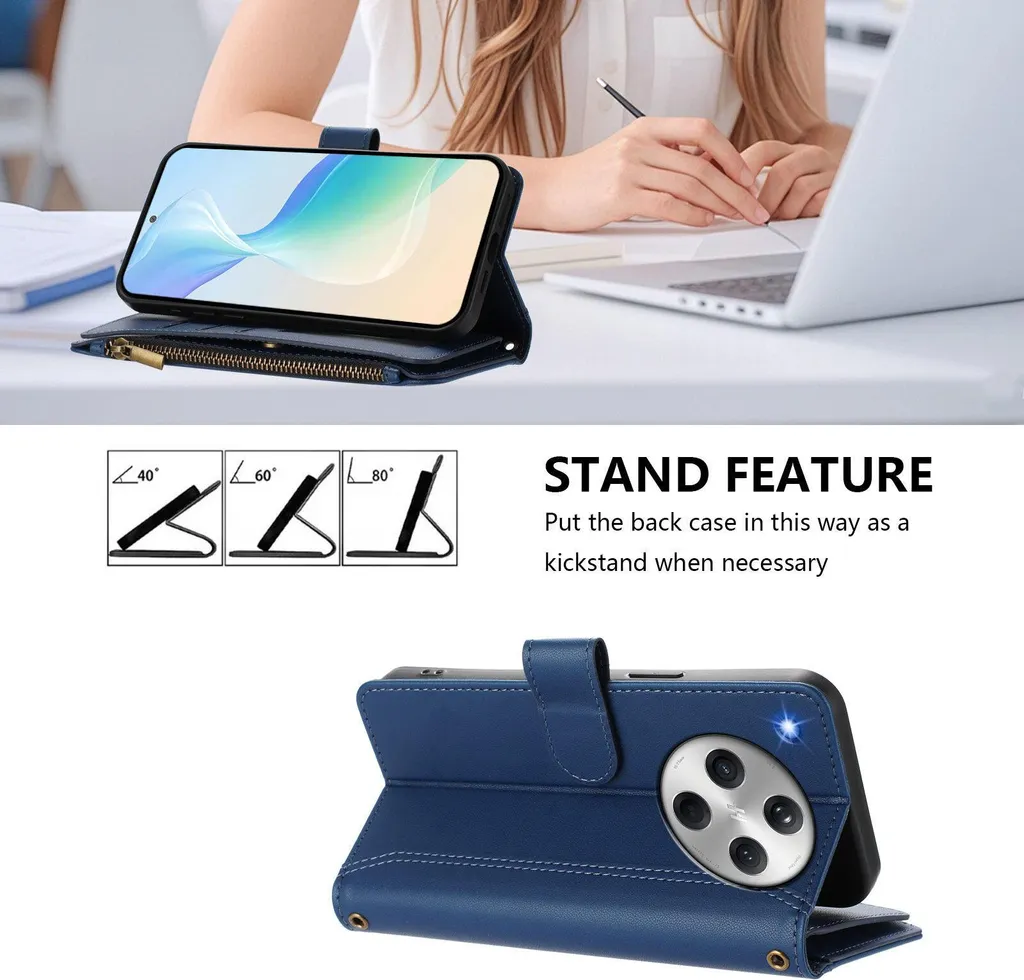 Cover Blu Oppo Find X8 Portafoglio: Slim con Cerniera e Stand - 2
