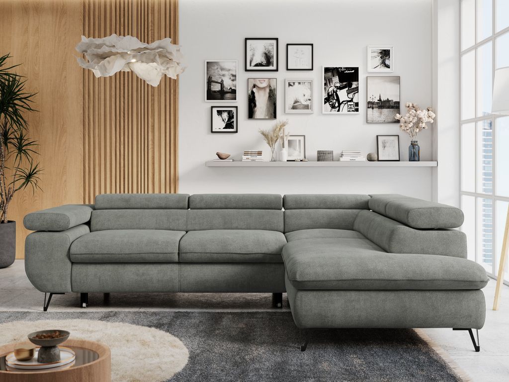 Ecksofa Sofa Grau, Wohnlandschaft L-Form mit Schlaffunktion und Bettkasten, Schlafsofa mit Bettkasten, Sofa mit Einstellbare Kopfstützen, Peter L ...