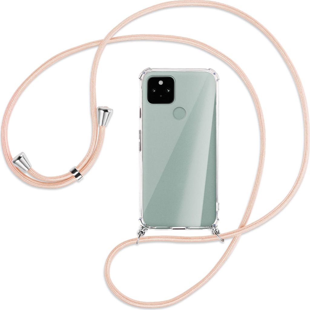 Handykette Backcover-Schutzhülle mit Band (Metall silberfarben) für Google Pixel 5 - rose peach