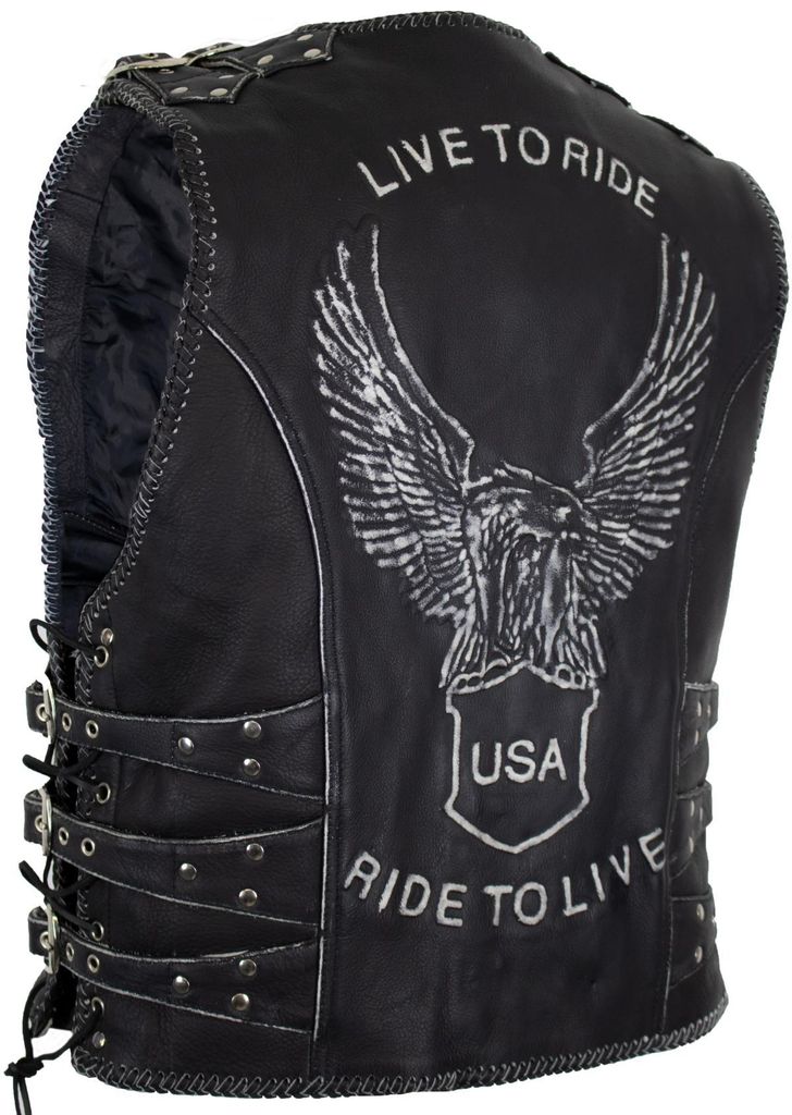 Herren Lederweste mit Schnallen und einer Adler Prägung Kutte Biker Weste Leder(XL)