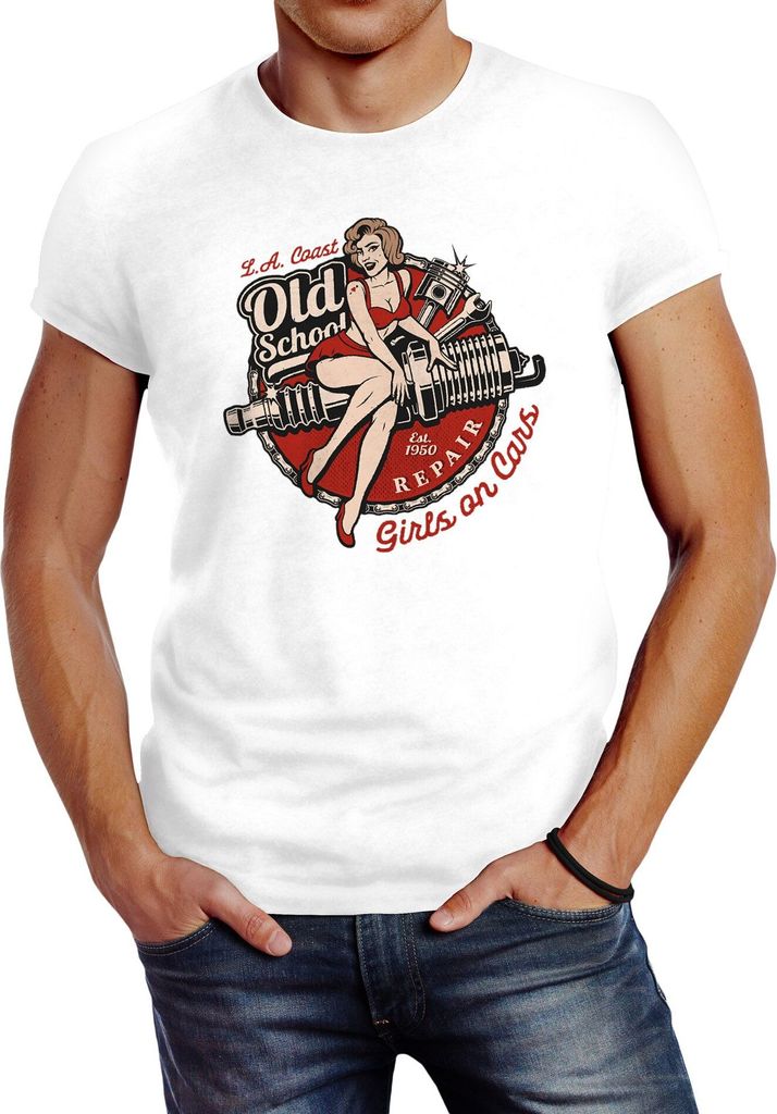 Herren T-Shirt Girls on Cars Retro Vintage Print Pin up Girl Logo Aufdruck Slim Fit Neverless weiß XS