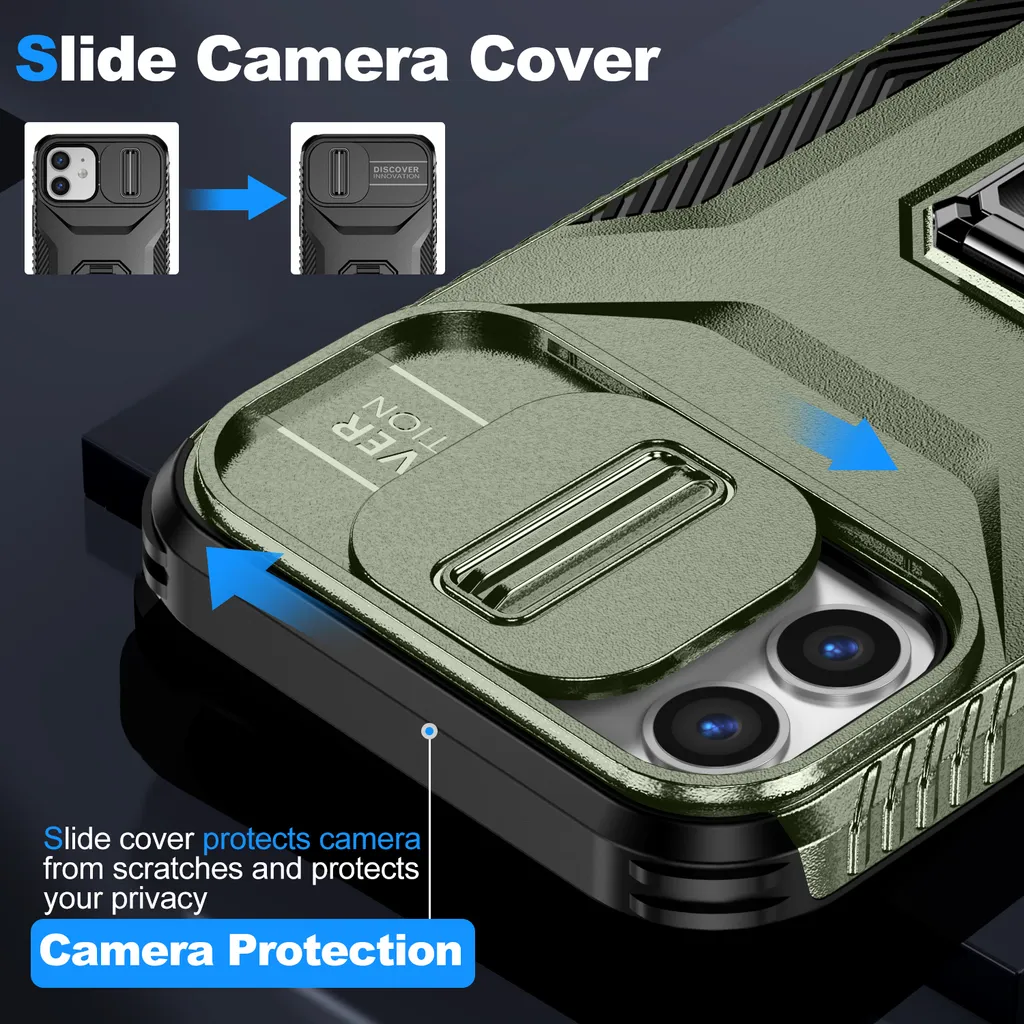 Custodia iPhone 12 / 12 Pro Verde Militare con Ring Stand e Slider - 7