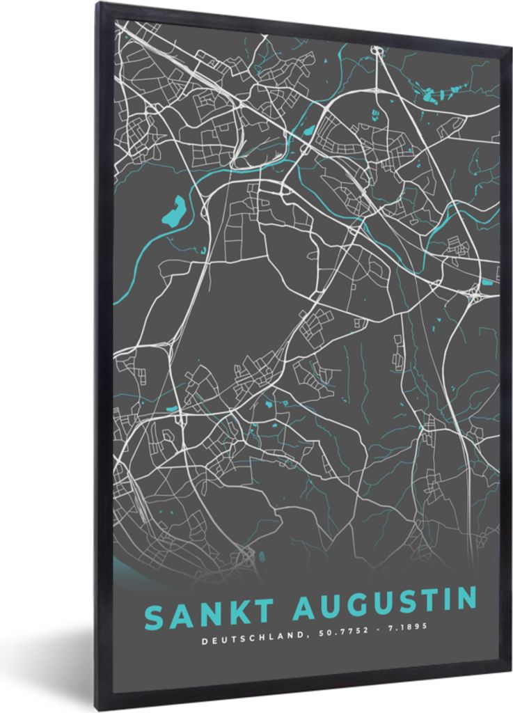MuchoWow Gerahmtes Poster Stadtplan - Sankt Augustin - Deutschland - Karte 20x30 cm - Poster mit Schwarzem Bilderrahmen Wandposter Rahmen Foto Bi...