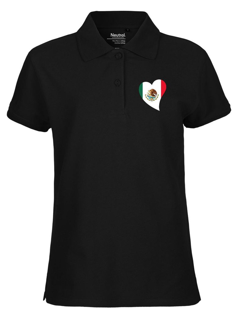 Huuraa Damen Polo Shirt Mexiko Flagge Herz XS Black Bio Baumwolle Fairtrade Poloshirt Geschenkidee