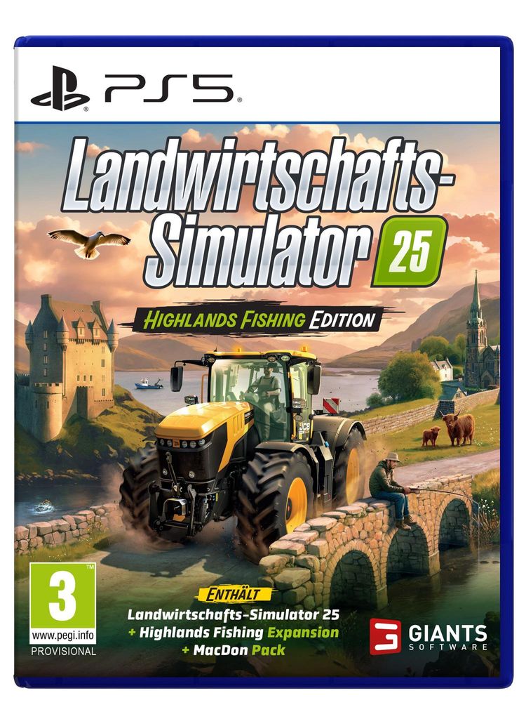 The image is a game cover art for "Landwirtschafts-Simulator 25: Highlands Fishing Edition" on PS5. It features a tractor, a castle, a bridge with a person fishing, and cows in a scenic landscape.