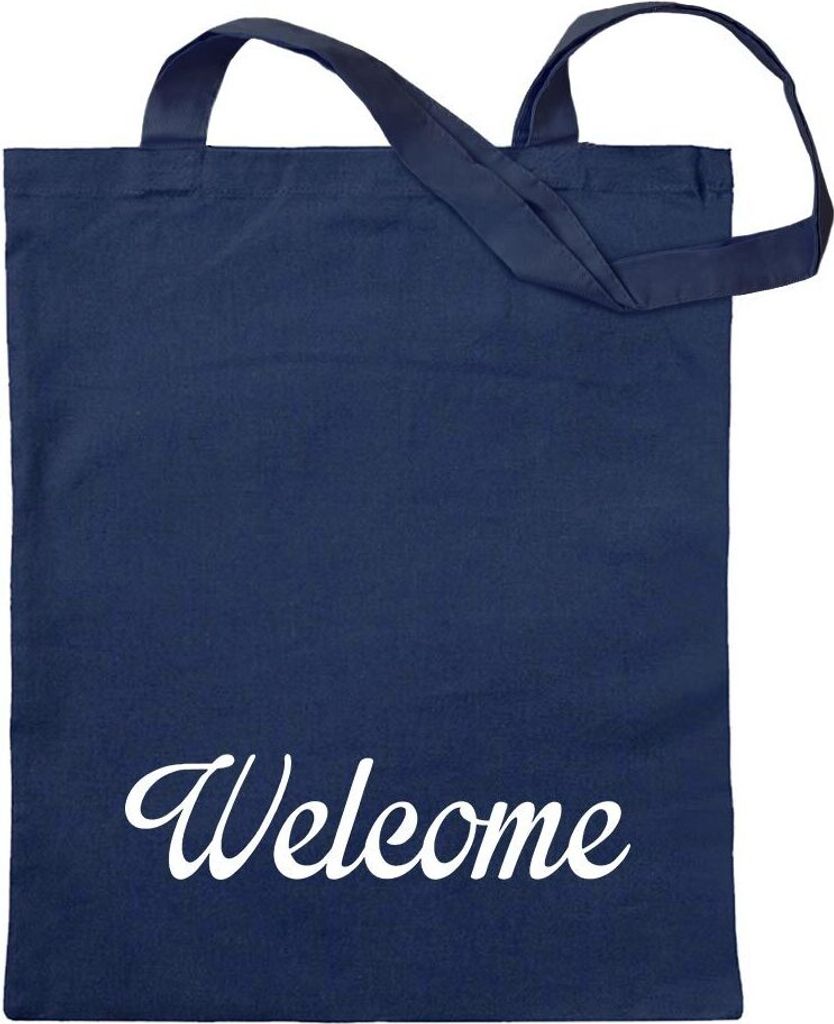 Kiwistar - Baumwolltasche - dunkelblau - Welcome Willkommen - Tragetasche Stoffbeutel Umhängetasche Langer Henkel