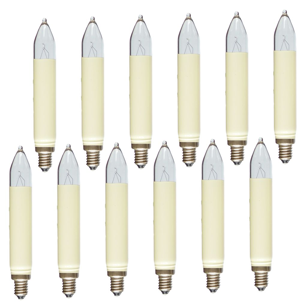 A collection of 12 candle-shaped light bulbs arranged in two rows.