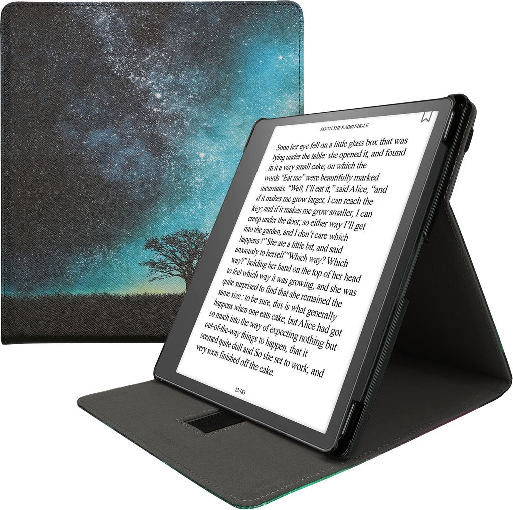 kwmobile Hülle kompatibel mit Amazon Kindle Scribe (2022/2024) Hülle - Case mit Schlaufe und Ständer - Galaxie Baum Wiese Blau Grau Schwarz