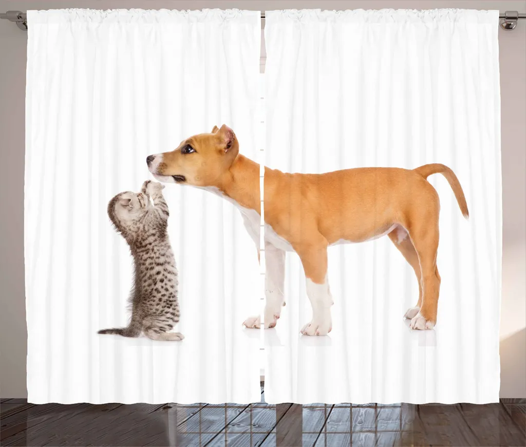 ABAKUHAUS Tenda rustica con cane, gattino e cucciolo di Stafford, tenda universale per soggiorno con passanti e ganci, 280 x 245 cm, bianco marrone