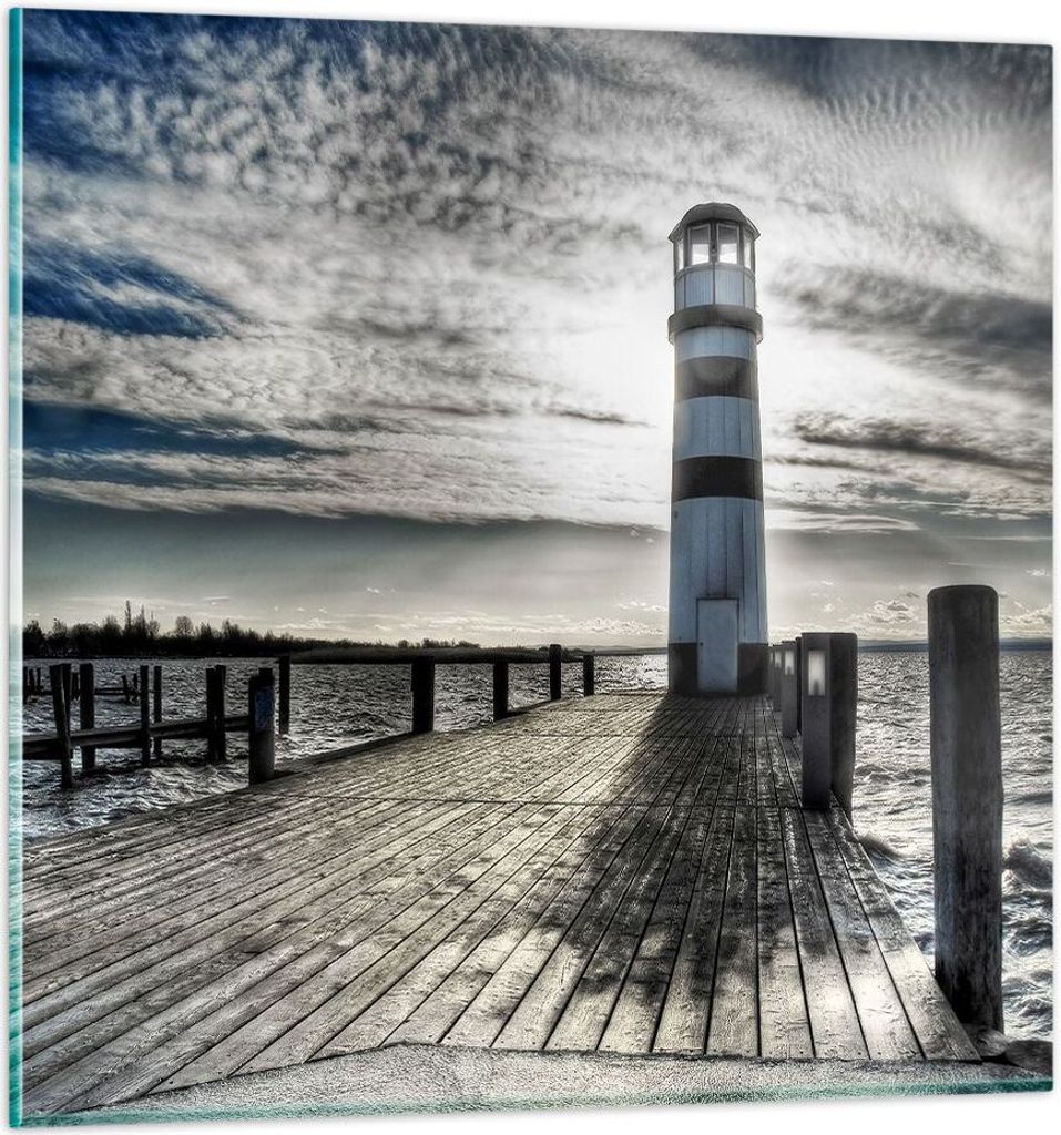 Bilder auf glas - See Leuchtturm Holzbrücke Wasser - 40x40cm - Glasbilder - Wandbilder - Kunstdruck - zum Aufhängen bereit - Wanddekoration aus G...