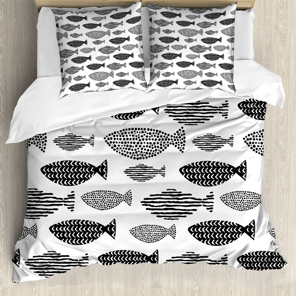 ABAKUHAUS Fisch Bettbezug, Seetiere Schwarz Weiß, Milbensicher Allergiker geeignet mit Kissenbezügen, 155 cm x 220 cm - 80 x 80 cm, Schwarz-Weiss