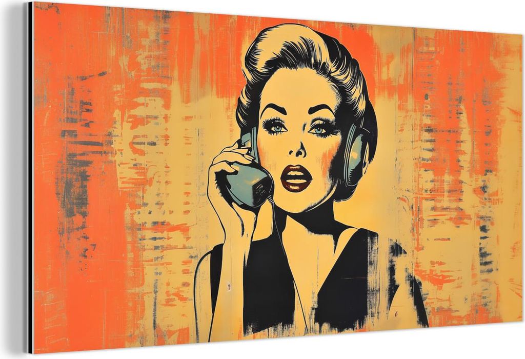 MuchoWow Wanddekoration Metall Metallbild Wandkunst 80x40 cm Retro - Frau - Kopfhörer - Orange MuchoWow Aluminium Gemälde - Wanddekoration - Alubild
