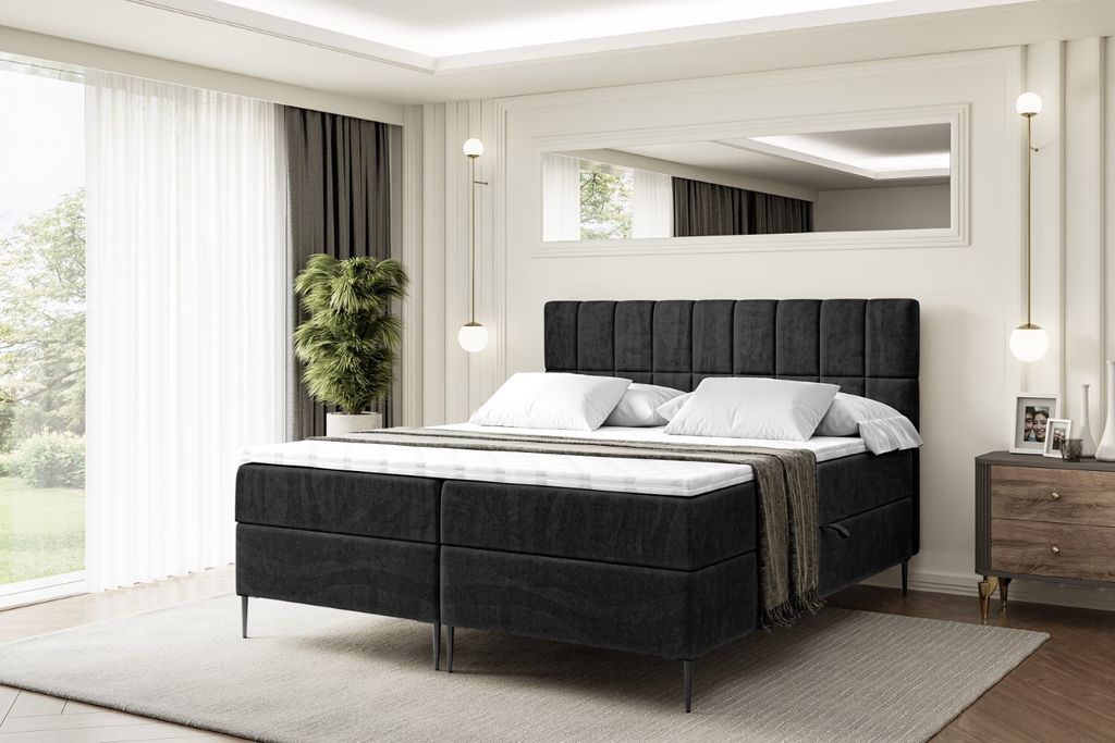 ALTDECOR Boxspringbett mit Schwarz Füßen, Matratze und Lattenrost, Boxbett, Topper, Polsterbett mit Bettkasten, Bett mit Stauraum H3-Matratze, Do...