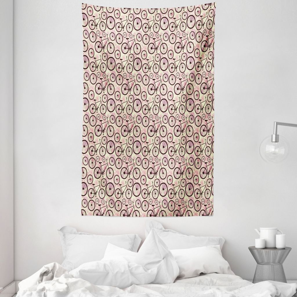 ABAKUHAUS Fahrrad Wandteppich und Tagesdecke, Rosa Blumen-Gekritzel aus Weiches Mikrofaser Stoff Waschbar ohne Verblassen Digitaldruck, 140 x 230 c...