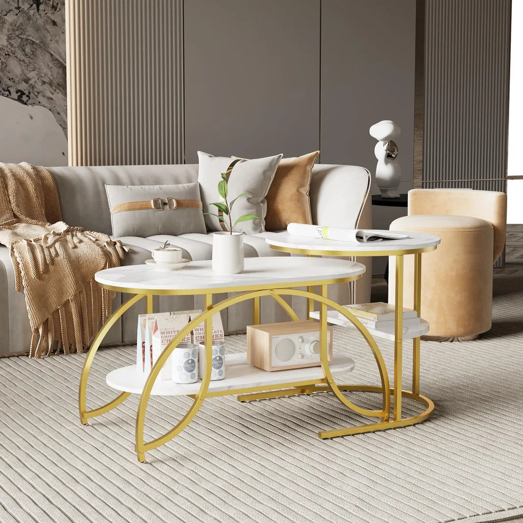 ProximaX Tavolini da Soggiorno Marmo Bianco e Oro: Set 2 Pezzi Nesting