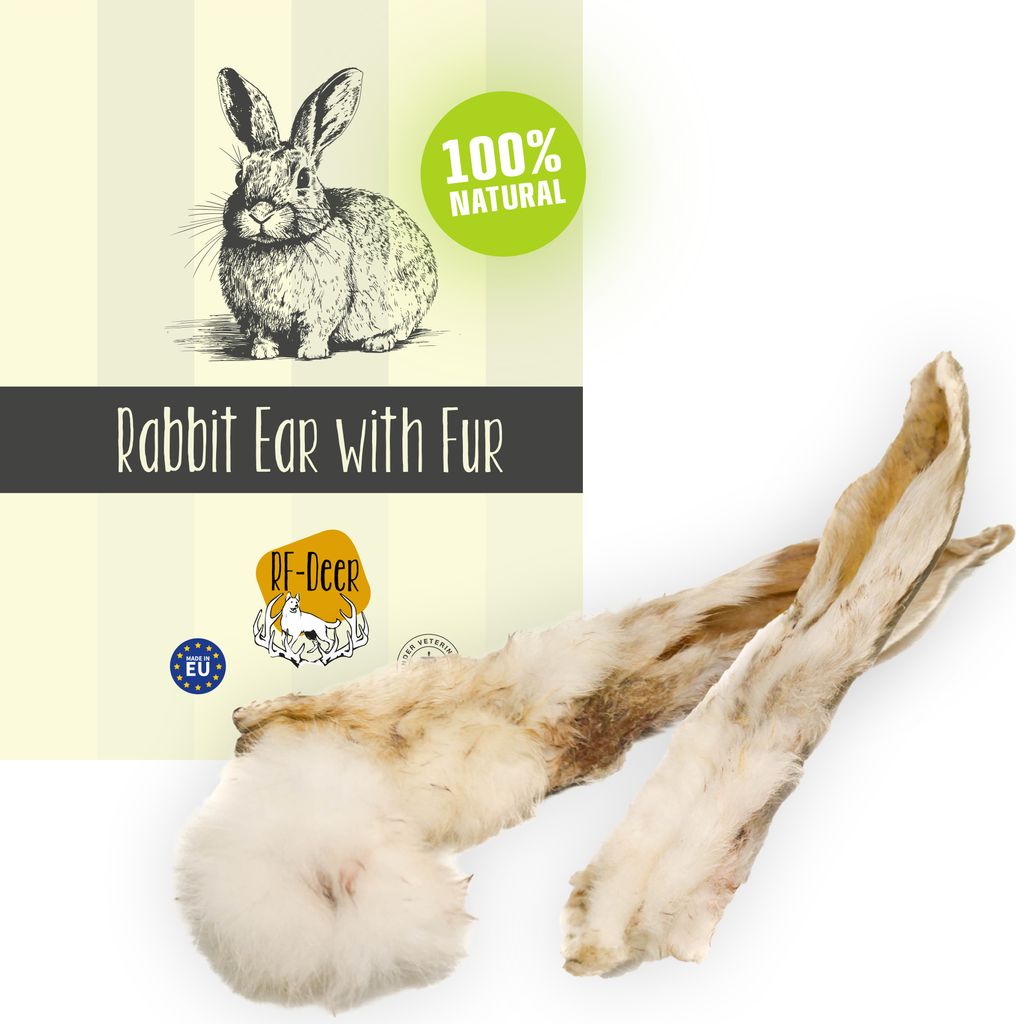 RF-DEER: 1 kg (50-80 Stück) Natur Hundeleckerlies Kaninchenohren mit Fell Hasenohren 100% natürliche fettarm Kauartikel Kausnack für alle Hunde