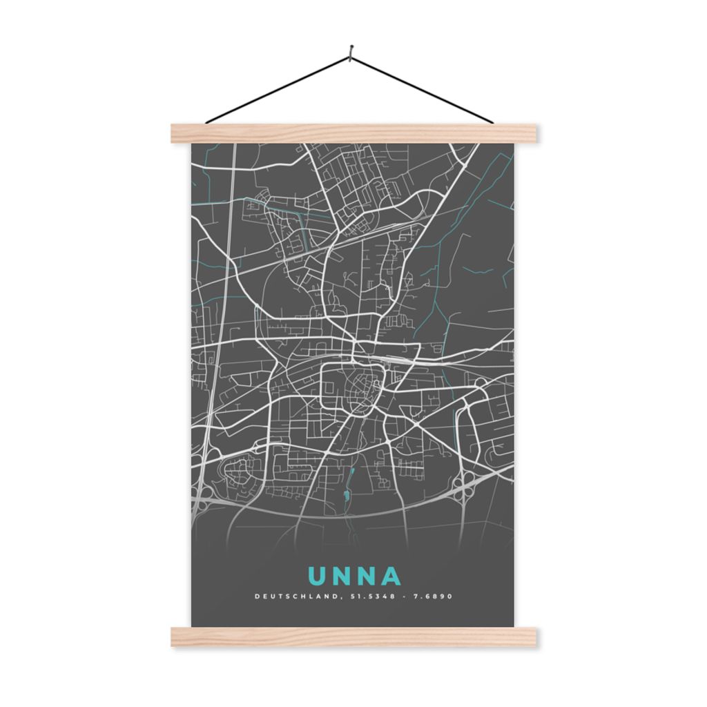 MuchoWow Textilposter Deutschland - Blau - Unna - Stadtplan - Karte 60x90 cm mit holzfarbenen Rahmen - Textil
