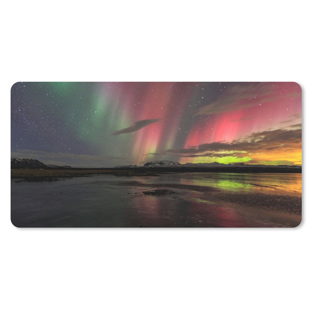 MuchoWow Schreibtischunterlage Nordlichter - Island - Farben 80x40 cm - XXL Mauspad - Gaming Mauspad