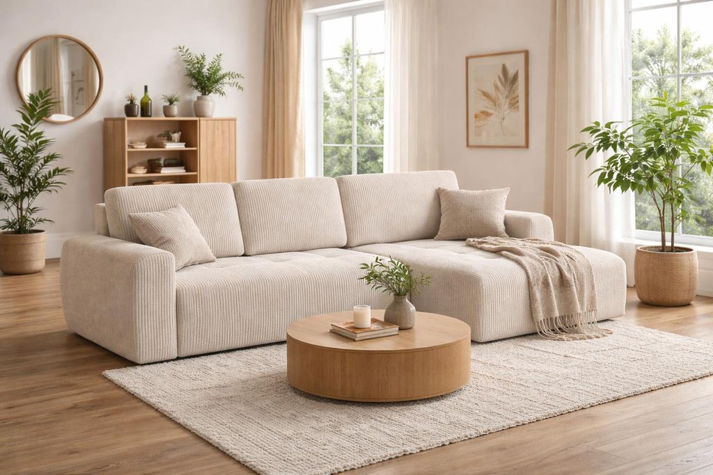 Kaiser Möbel Ecksofa mit Schlaffunktion und Bettkasten L-Form Ivo XL, Cordstoff Poso, Beige, Rechts