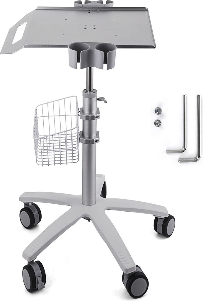 A medical cart with a tray, basket, and wheels, shown against a white background.