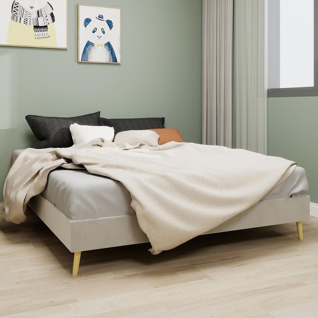 Sweiko Modern Minimalist Bed Frame, 160x200 cm, Beige, Dutch Velvet Fabric, Low-Profile Base, Modern Style Bedroom Furniture. Excludes Gas Lift Mec...