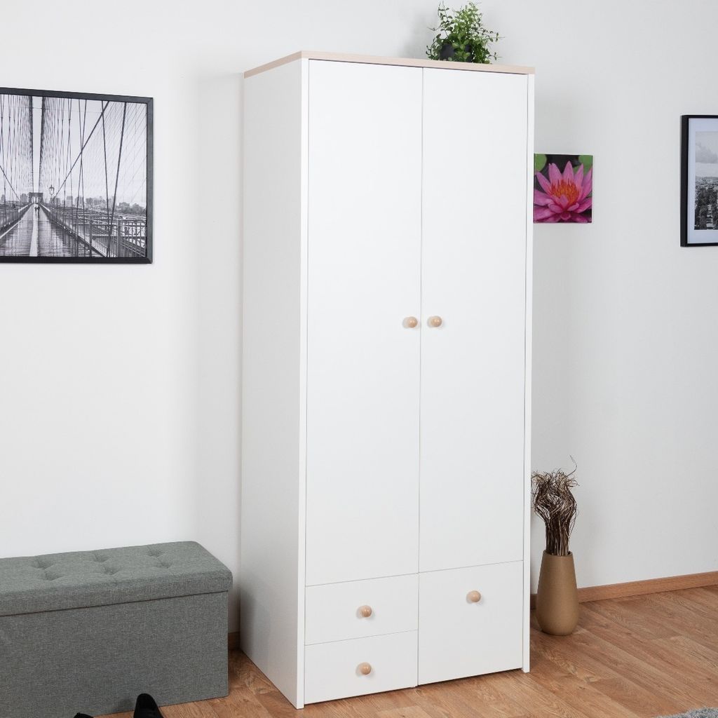 Kinderzimmer - Drehtürenschrank / Kleiderschrank Egvad 02, Farbe: Weiß / Buche - Abmessungen: 193 x 80 x 51 cm (H x B x T), mit 2 Türen, 3 Schub...