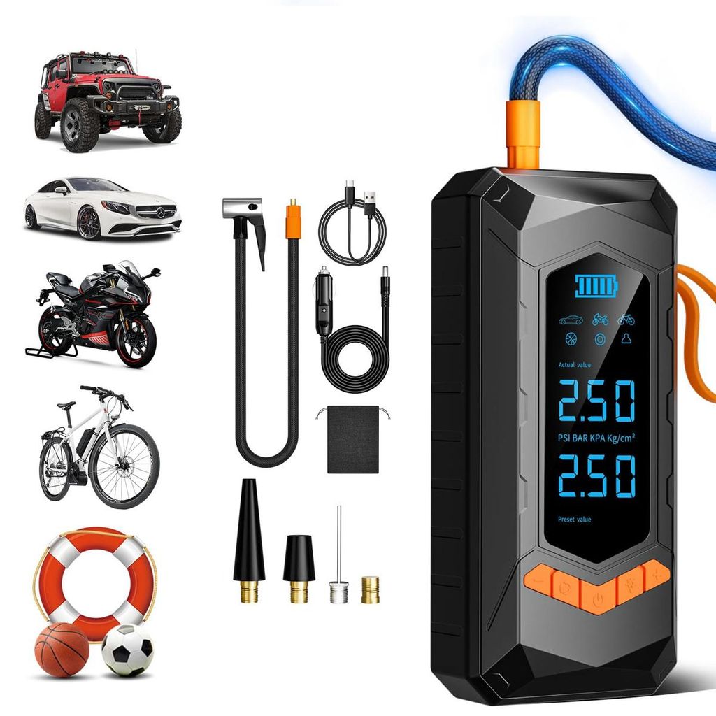 Elektrische Luftpumpe, Reifenpumpe 11.1V, 150 PSI, 5400mAh, digitale Druckanzeige, Powerbank-Funktion, Notbeleuchtung, Auto & Sportartikel geeignet
