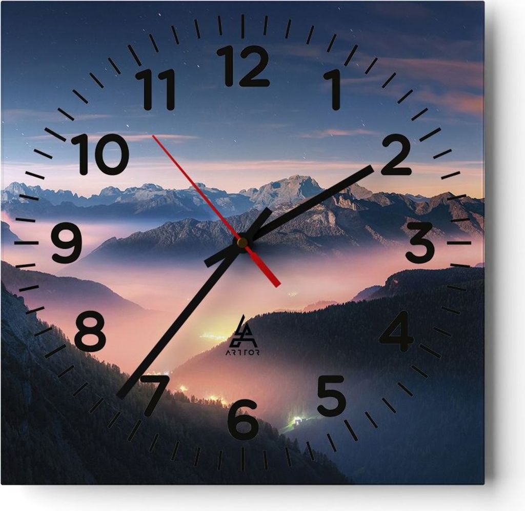 Wanduhr - Quadrat - Glasuhr - Berge Wolken Nebel - 30x30cm - Schleichendes Uhrwerk - Lautlos - zum Aufhängen bereit - Dekoration Modern - Wanddeko...