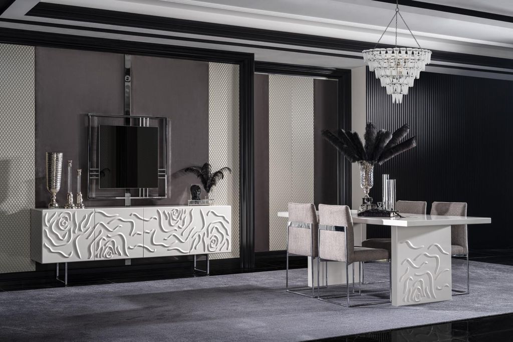 Stilvolle Essgruppe Esstisch 4 Stühle Sideboard Spiegel Modern 7tlg Holz Weiß