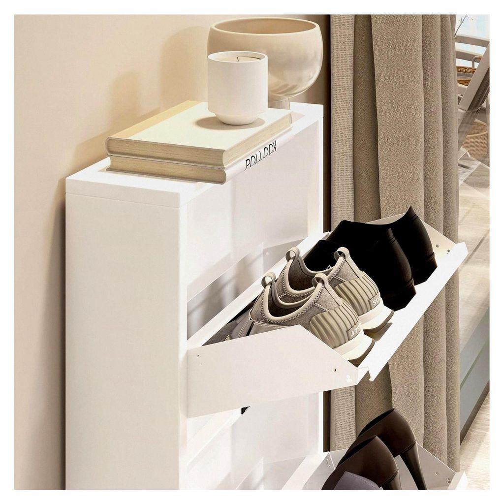 Schuhschrank aus Metall mit 3 Klappen in Weiß Hochglanz für die Schuhaufbewahrung im Flur