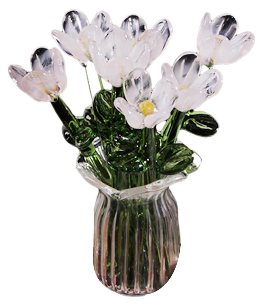 Glasblumenstrauß mit Vase, mundgeblasene Mini-Blumendekoration für Wohnzimmer, handgefertigtes künstliches Blumenornament mit Stiel
