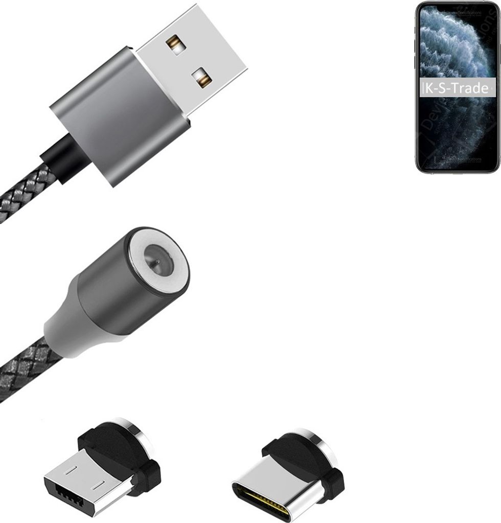 K-S-Trade Hochwertiges Magnet-Lade-kabel Sync-Kabel Daten-Kabel für Apple iPhone 11 Pro Max mit USB-Typ-C-Anschluss und Micro-USB-Anschluss 2A bis