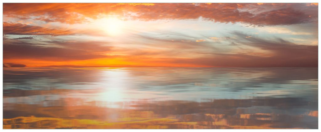 Wallario Premium Glasbild, freischwebende Optik, kräftige Farben, Größe 125 x 50 cm Motiv Abendrot in Reflexion über dem See