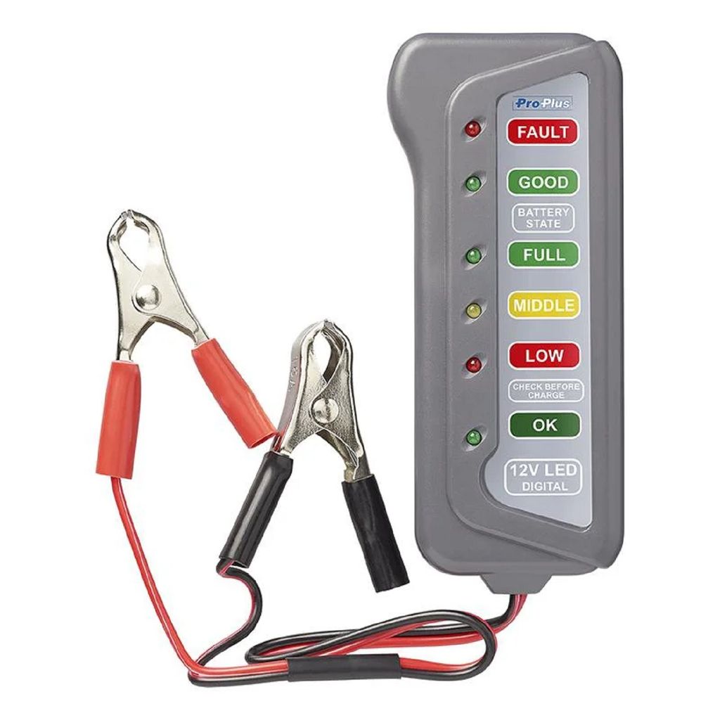 A 12V LED digital battery tester with alligator clips.
