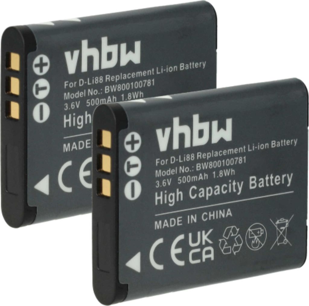 vhbw 2x Akku kompatibel mit Sanyo Xacti VPC-X1420, VPC-X1240, VPC-GH3, VPC-PD1, VPC-SH1, VPC-X1200, VPC-X1220 Kamera (500 mAh, 3,6 V, Li-Ion)