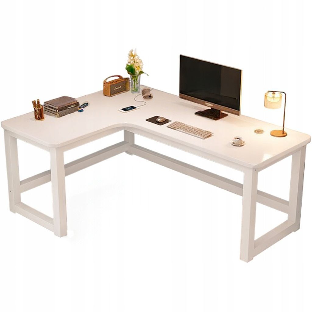 A white L-shaped computer desk with various office supplies and electronics on it.