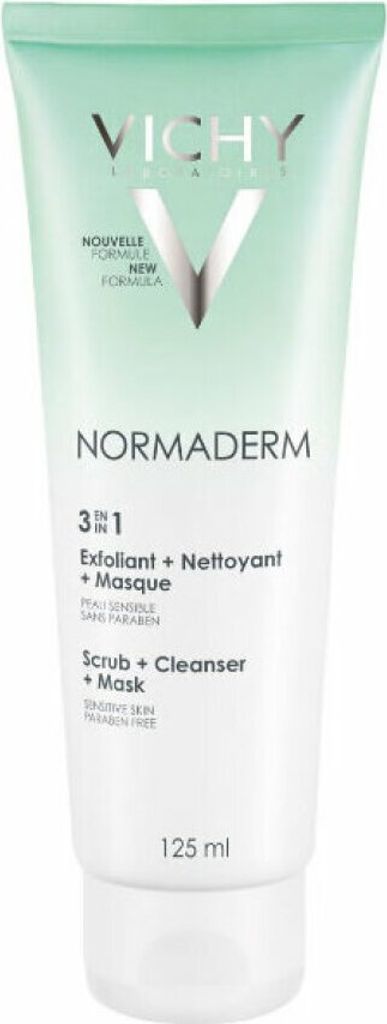 A tube of Vichy Normaderm 3-in-1 Scrub + Cleanser + Mask.