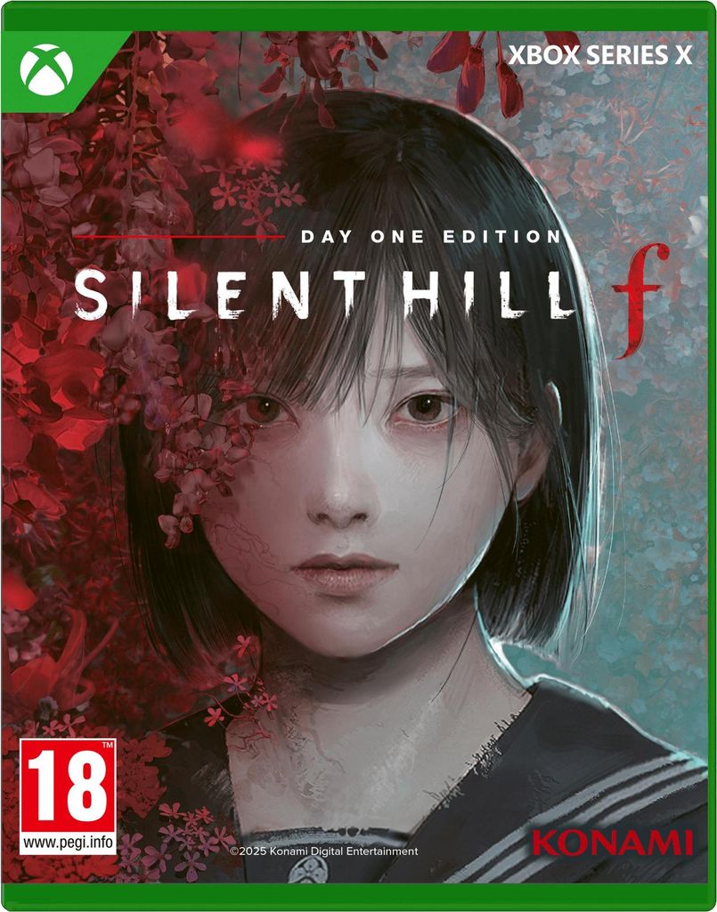 The image is a video game box cover for 'Silent Hill f' on Xbox Series X, featuring the game's protagonist and branding.