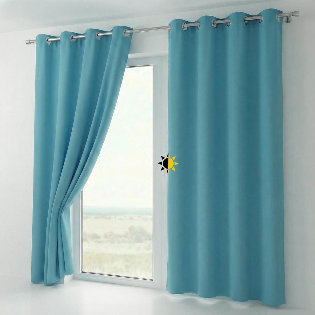 A window with blue curtains, one partially open, revealing a landscape outside.