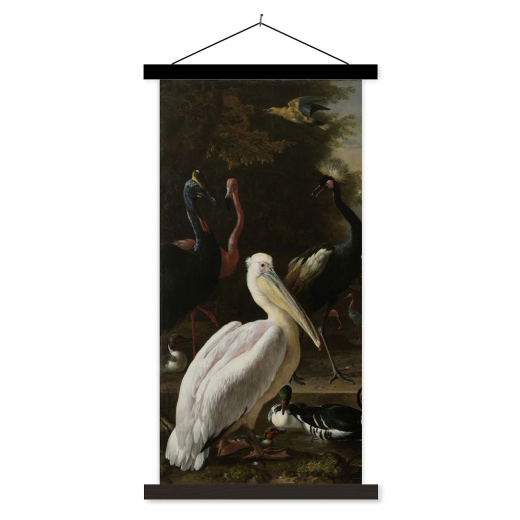 MuchoWow Textilposter Ein Pelikan und andere Vögel in der Nähe eines Wasserbeckens - Gemälde von Melchior d'Hondecoeter 40x80 cm mit schwarzem...