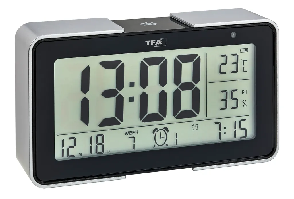 Réveil digital compact TFA noir argenté avec alarme et écran LCD lisible