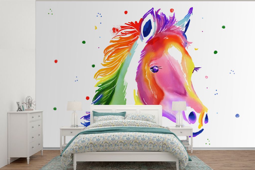 MuchoWow Fototapete für Wohnzimmer oder Schlafzimmer Wandtapete Vinyl Motivtapete Pferd - Regenbogen - Polka dots - Mädchen - Kinder - Mädchen...