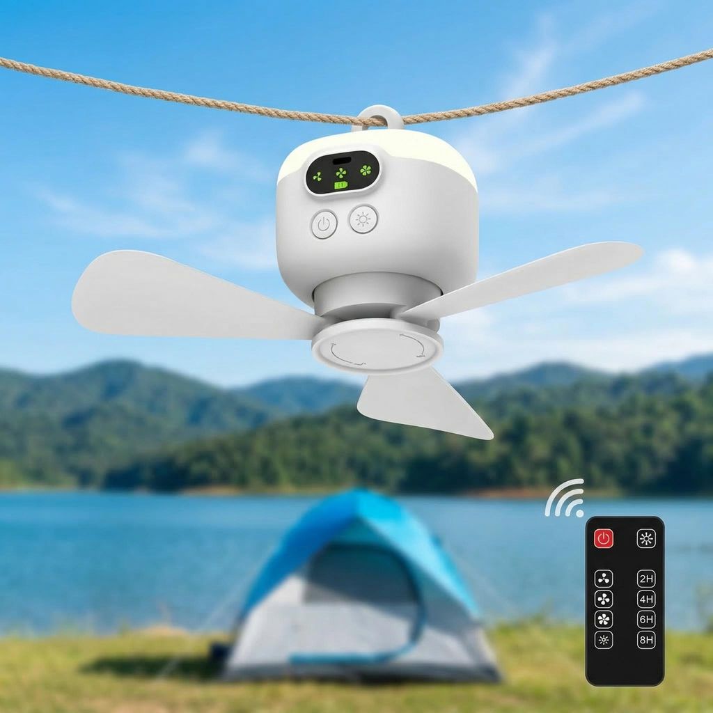 Ø27cm Mobiler Akku Deckenventilator mit Licht 8000mAh USB-C Ventilator 4 Stufen & Timer Tragbarer Zeltventilator für Camping RV Outdoor & Wohnmobil