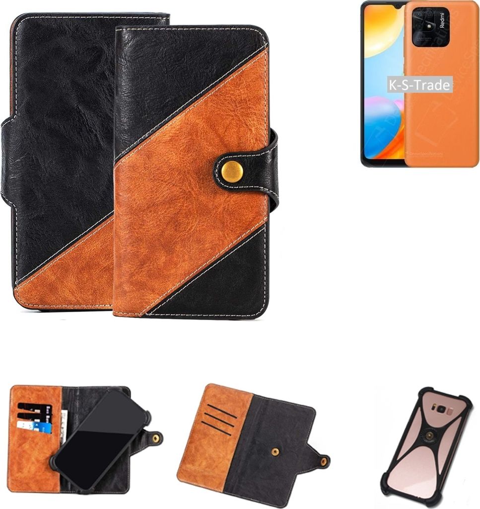 K-S-Trade Handyhülle Schutzhülle Bookstyle Case Wallet-Case kompatibel mit Xiaomi Redmi 10 Power Handy Cover Bumper Klapphülle schwarz hellbraun 1x