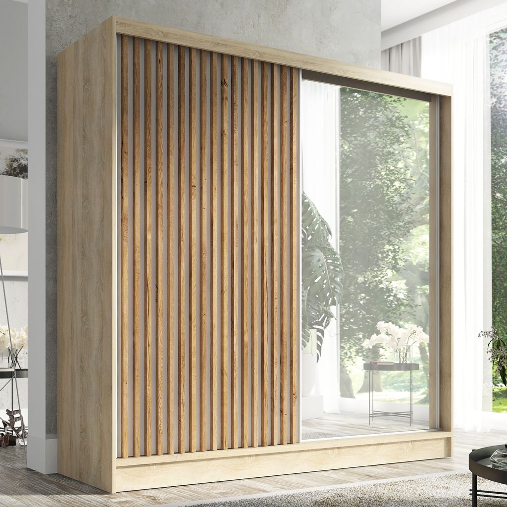 Schwebetürenschrank, 2-türig Schrank mit Spiegel und 3D-Lamellen Premum LINA 200 cm (Sonoma)